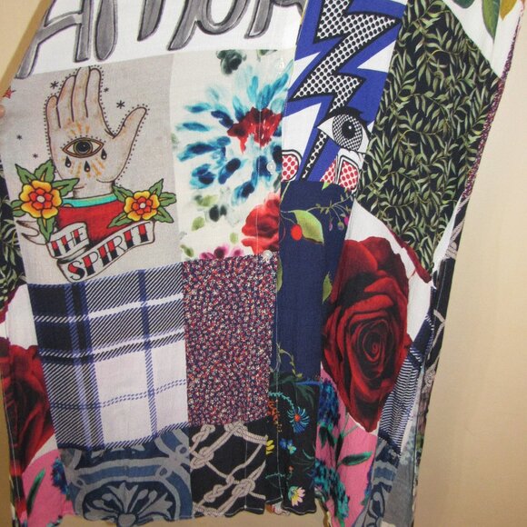 Desigual Patchwork Poof Sleeve Button Front Midi Dress sz XS Rose Tattoo Seer - Picture 3 of 6